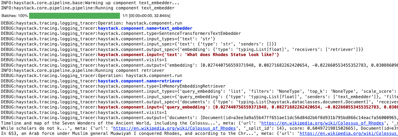 Console output showing Haystack pipeline execution with DEBUG level tracing logs including component names, types, and input/output specifications
