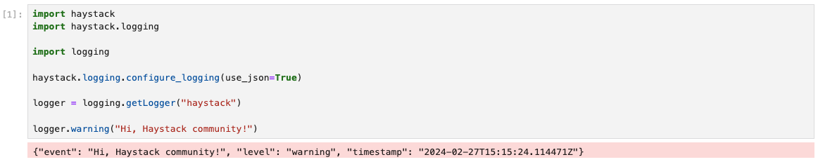 Python code snippet showing structured JSON logging configuration with example JSON formatted log output including event, level, and timestamp fields