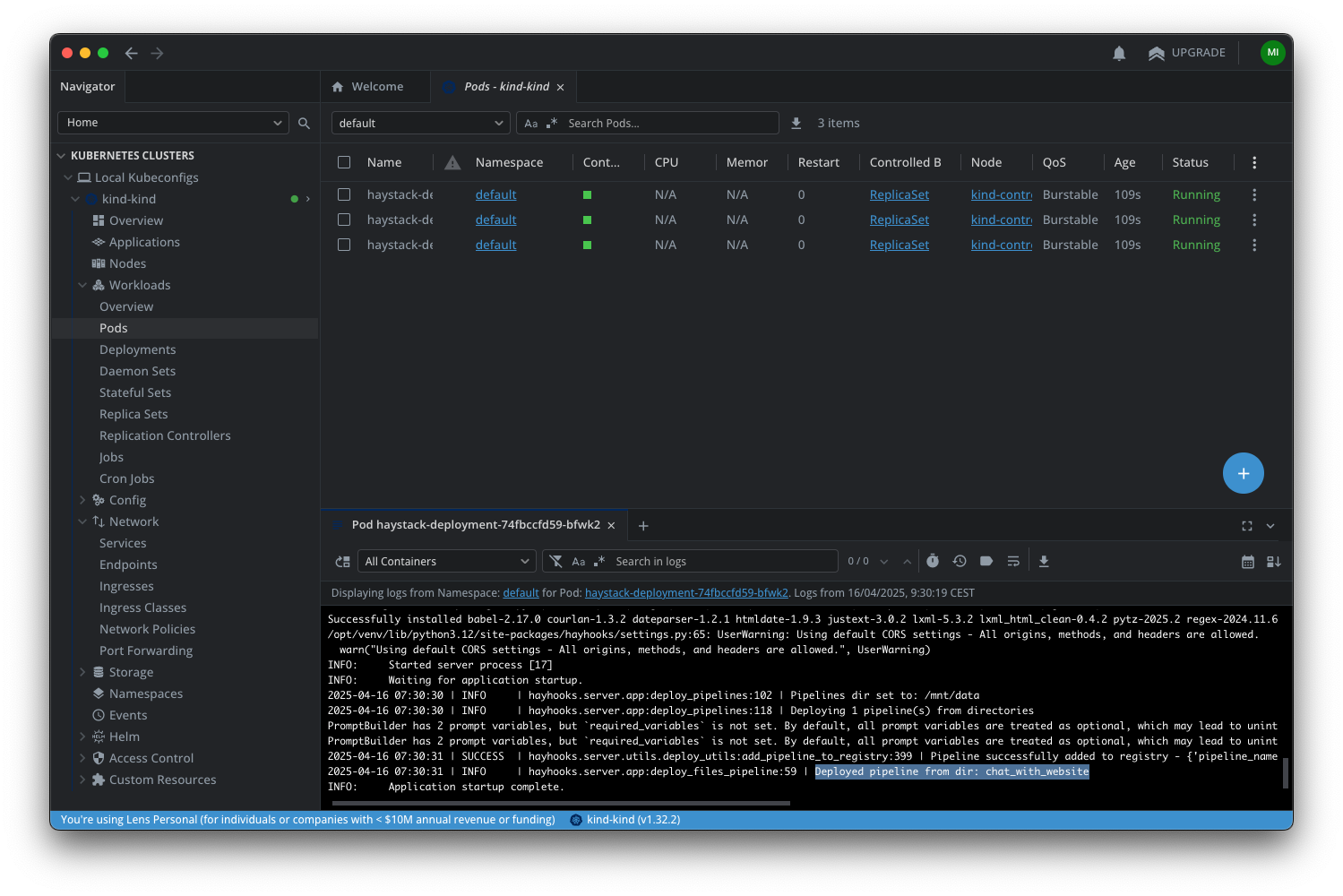 Kubernetes Lens interface showing three haystack-deployment pods in Running status with their resource configurations
